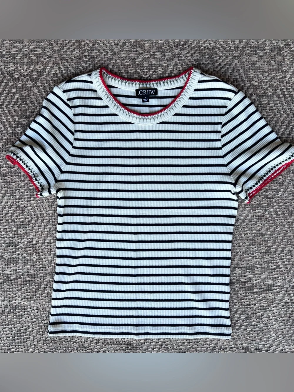 J.Crew Ribbed Stripe Tee Women's Medium Embroidered Trim Knit Short Sleeve Top